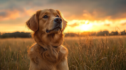 Dog is standing in a field of tall grass, looking at the camera. The sun is setting in the background, casting a warm glow over the scene. The dog appears to be enjoying the peaceful moment