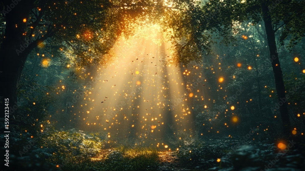 Poster enchanting forest scene with sunlight rays and floating particles in a tranquil natural setting