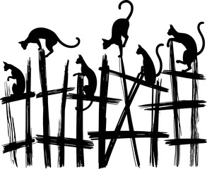 Black feline silhouettes perched on a rustic fence animal © pixelVista