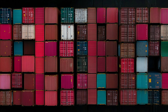 Shipping containers stacked at a busy port creating visual chaos