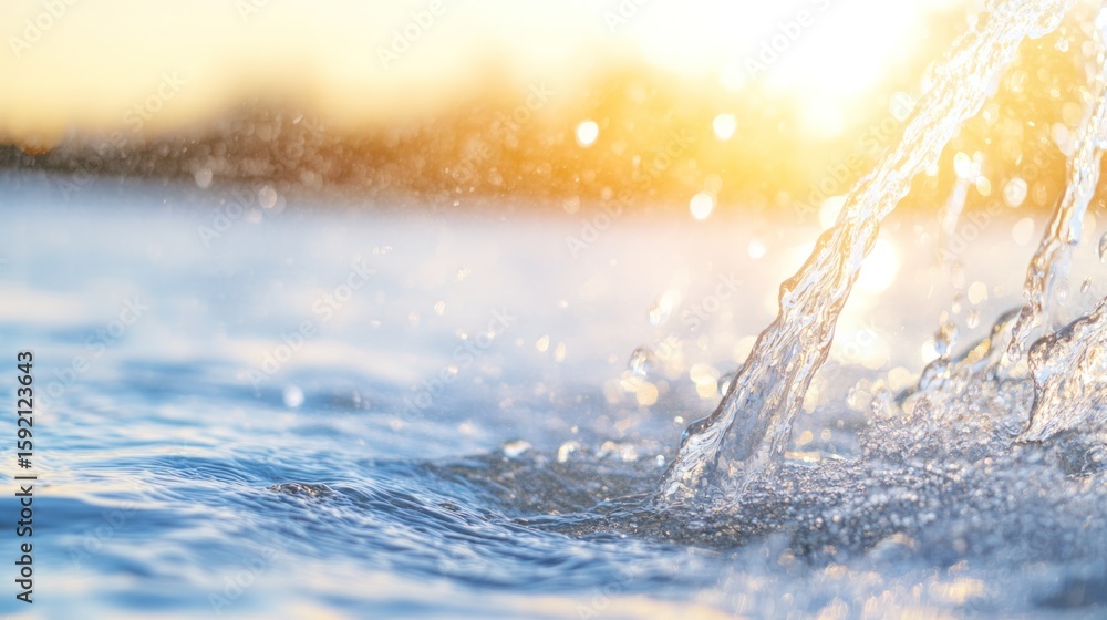 Poster dancing water symphony: a close-up view captures the dynamic flow of water, illuminated by a radiant