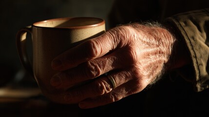 Close-up of an aged hand holding a mug
