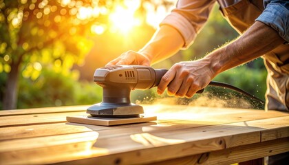 Craftsman sanding wood outdoors