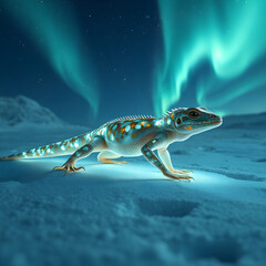 A striking luminous lizard with blue, orange, and white scales glows under the vibrant green and blue hues of the aurora borealis,