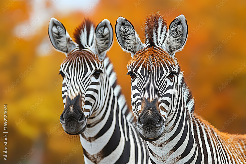 Poster two zebras standing next to each other with their heads facing forward. the zebras are in a natural 