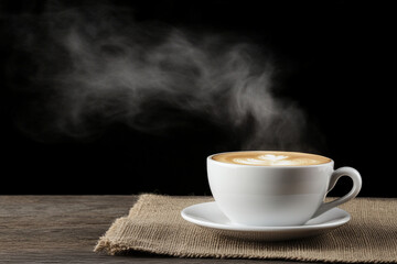 Steaming cup of coffee with intricate latte art on a wooden table