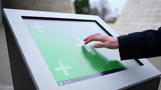 Hand Touching Modern Public Digital Touch Screen Kiosk with Green Screen Display for Interactive Information, Advertising, and Wayfinding Content