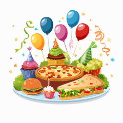 A vibrant and festive illustration featuring a colorful assortment of party foods, balloons, and decorations, perfect for celebrating special occasions and events.
