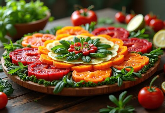 vibrant culinary display colorful food ingredients arranged intricate geometric patterns artistry freshness, fruit, vegetable, arrangement, design