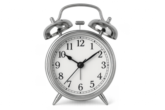 Silver alarm clock showing 2,53 on transparent background