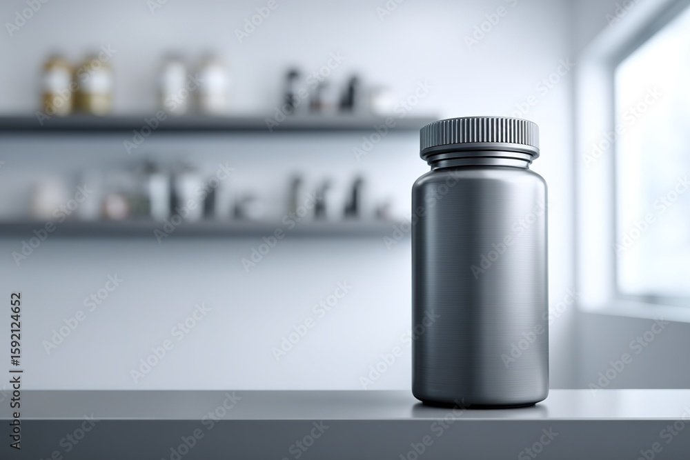 Poster silver container placed on a modern countertop with blurred shelves in the background