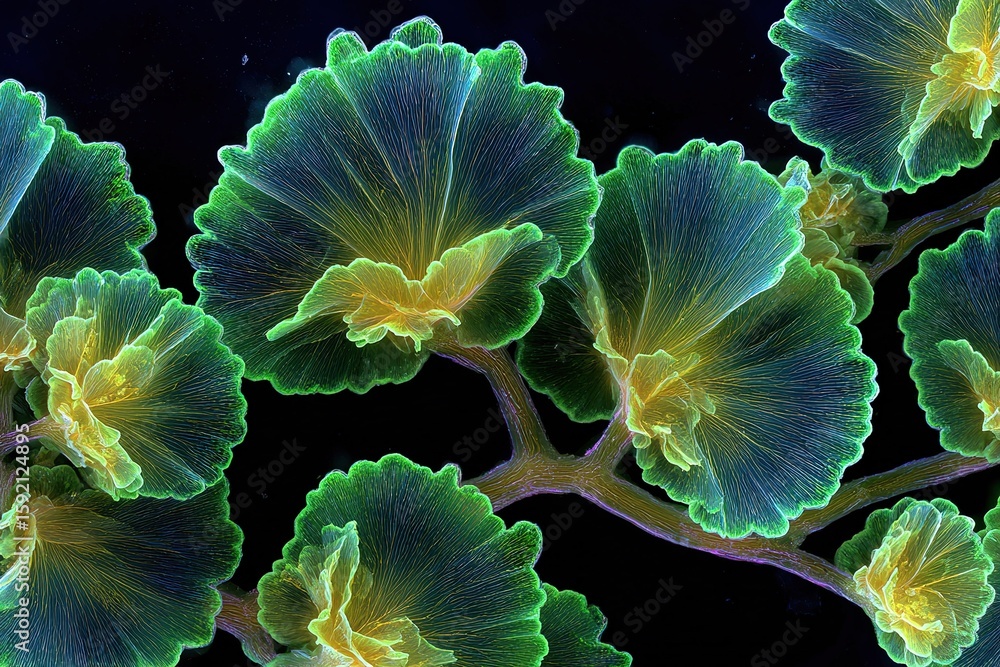 Poster close-up view of colorful botanical organisms illuminated with vibrant colors in a dark background