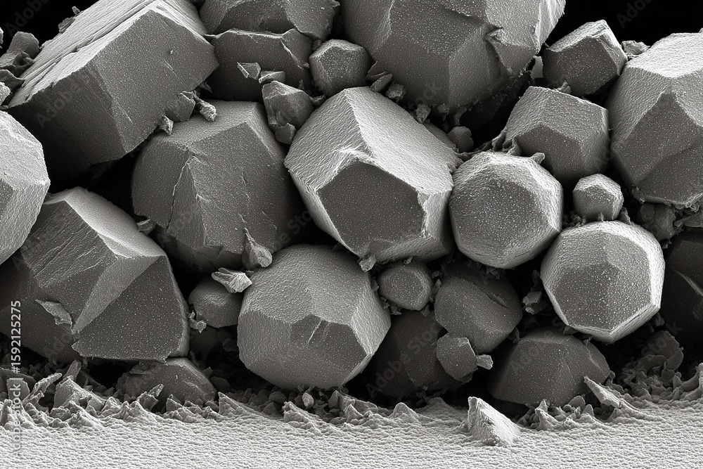 Poster close-up view of crystalline structures captured at high magnification in a laboratory setting durin