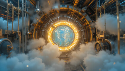Futuristic AI Digital Core Interface – Sci-Fi Tech Portal in Blue and Gold
