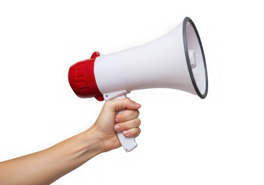 Ai generated image of a hand holding a red and white megaphone isolated on white isolated on transparent background - Powered by Adobe