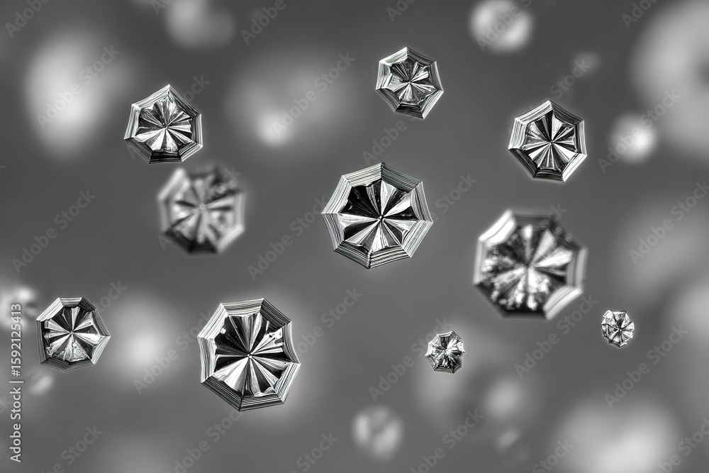 Poster discovering intricate structures of metallic snowflakes in a higher contrast monochrome setting