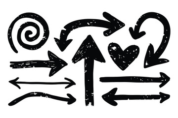 Collection of hand drawn arrows and spiral symbols