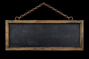 Wooden framed chalkboard sign hangs on chain