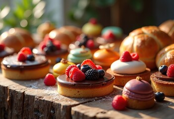 vibrant dessert showcase assorted pastries breads sweets textured tabletop creating feast eyes, bakery, cake, cupcake, treat, textures, colorful