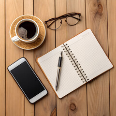 notebook and coffee and pen and smartphone