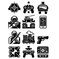 Collection of black and white gaming icons including controllers and military elements displayed together
