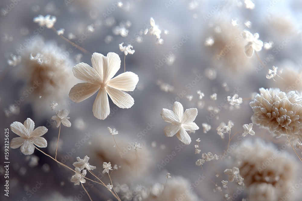 Poster delicate white flowers arranged artistically in a serene setting with soft background details