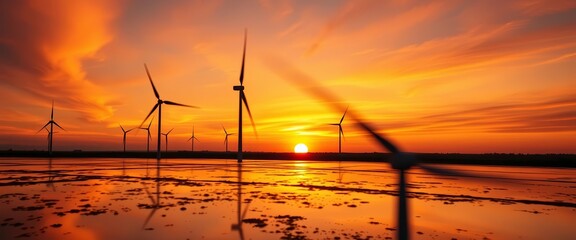 Sunset double exposure, wind turbine spinning, stop motion animation, ecology, nature