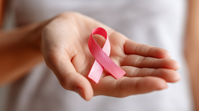 Pink ribbon on open female palm - breast cancer awareness