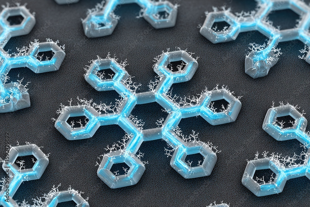 Poster Snowflake patterns created from intricate hexagonal structures with glowing blue highlights on a dark background