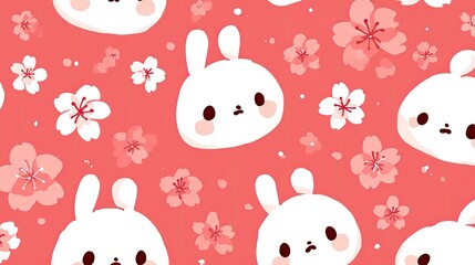 Cute White Bunnies and Pink Cherry Blossoms Pattern