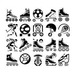 A collection of black and white sport and recreation icons including roller skates and balls arranged well