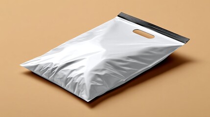 A crumpled, clear plastic bag with a handle on a warm, beige background.