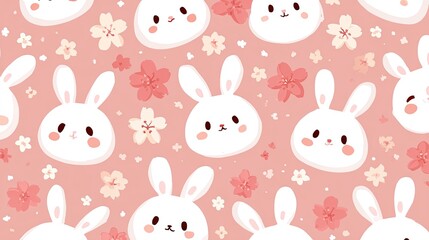 Cute White Bunnies and Pink Flowers Seamless Pattern