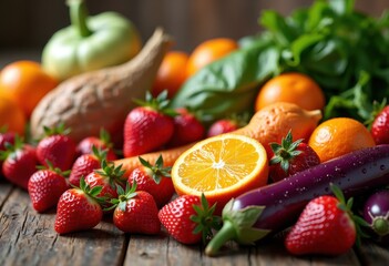 vibrant display colorful fruits vegetables nutrition bursting wholesome healthy variety, freshness, basket, harvest, organic, green, red, yellow, orange