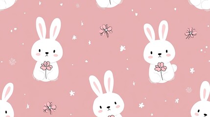 Cute White Bunnies and Pink Flowers Seamless Pattern