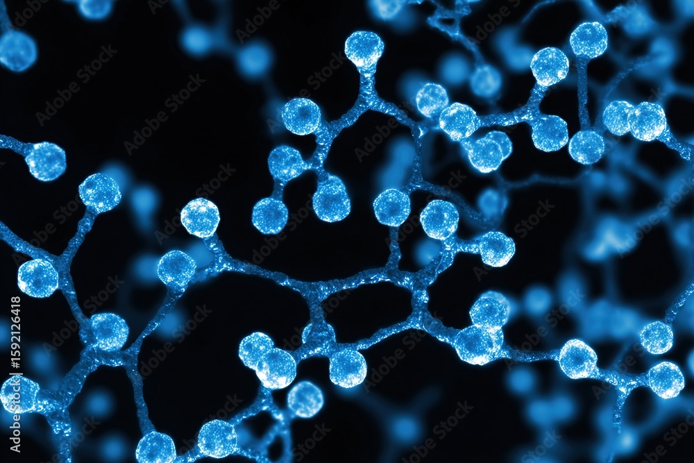 Poster visual representation of molecular structures illuminated in blue against a dark background showcasi