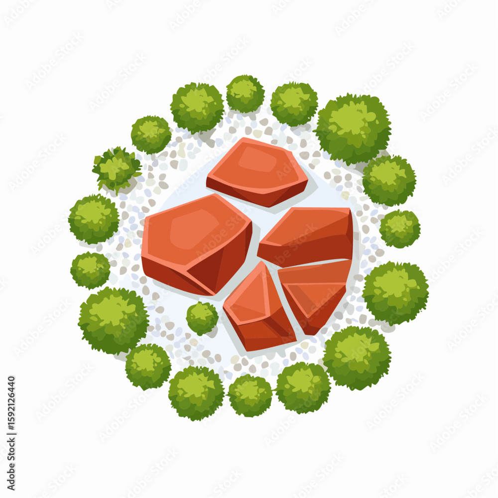 Poster overhead view of a decorative garden design with a cluster of red-brown rocks surrounded by small gr