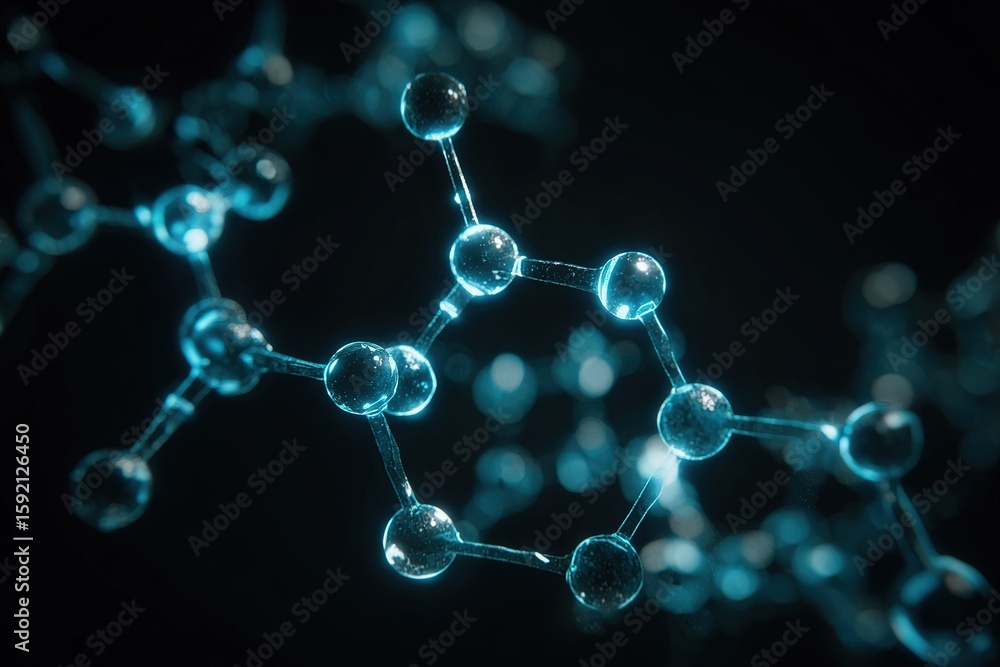 Poster molecular structure representing a compound with glowing atoms and bonds in a dark background during