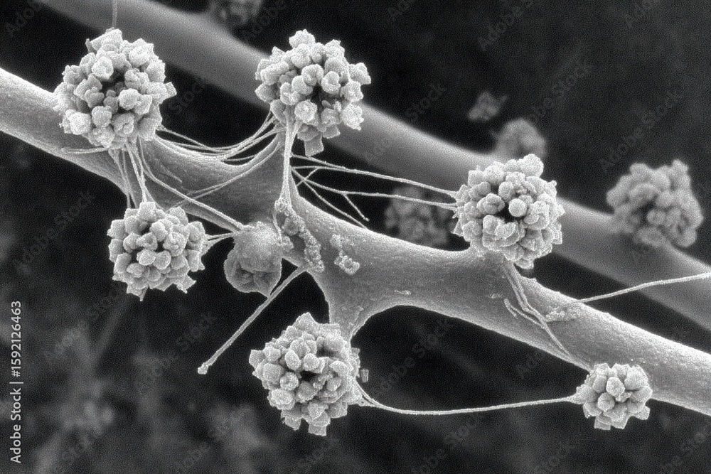 Poster microscopic view of pollen grains clustering on a plant branch in intricate detail