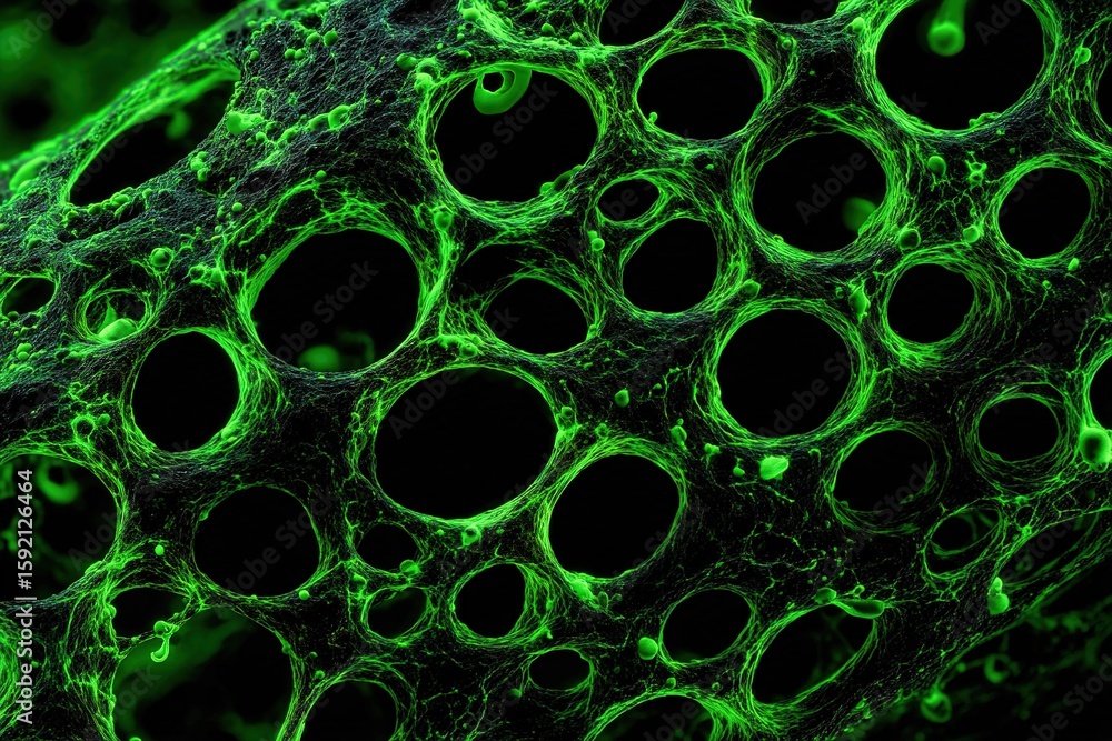 Poster close-up view of intricate green cellular structure showcasing unique patterns and textures in a dar