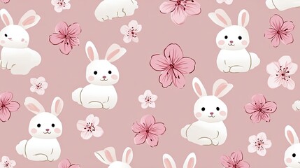 Cute White Rabbits and Pink Flowers Seamless Pattern