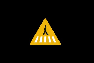 Yellow triangular sign with black pedestrian icon and crosswalk