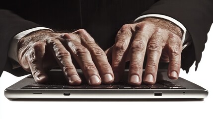 Close-up of a man's hands typing on a laptop keyboard in a professional setting.