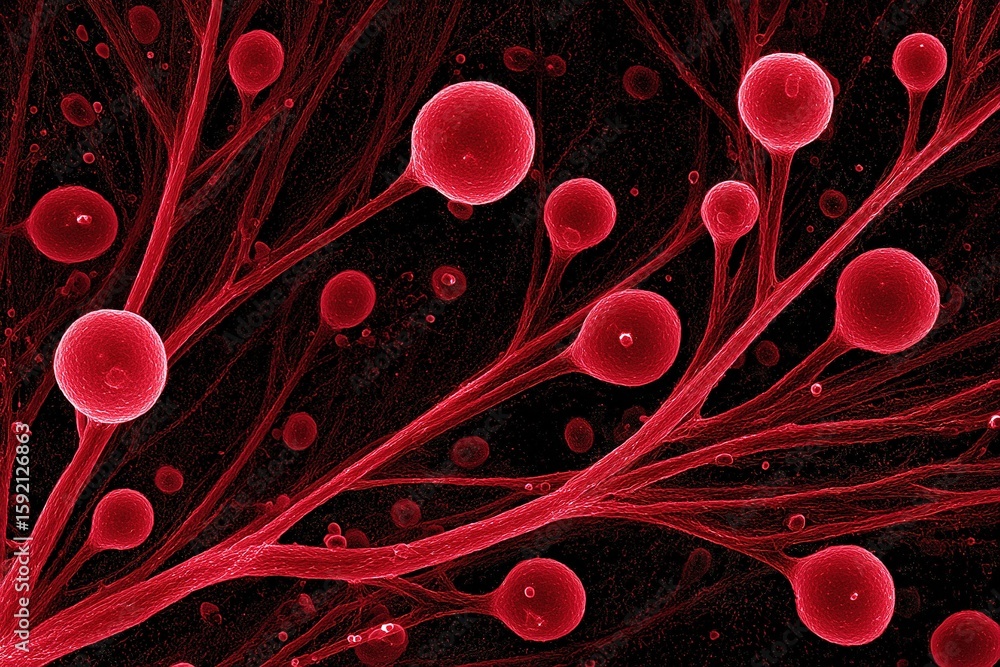 Poster research of cellular structures highlighting red blood cells under high magnification in a laborator