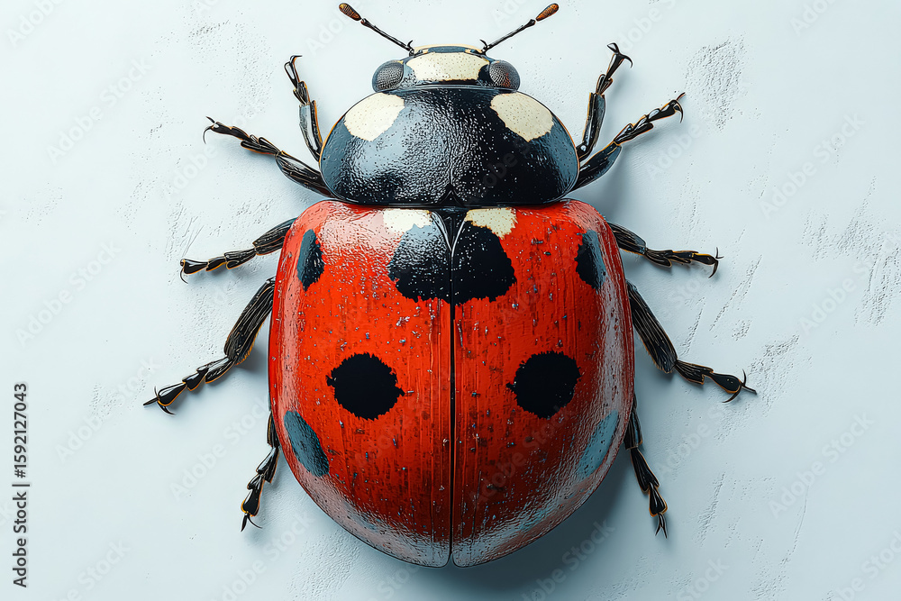 Poster ladybug with black and red spots is on a white background. the ladybug is the main focus of the imag