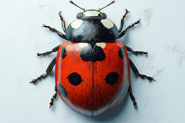 Ladybug with black and red spots is on a white background. The ladybug is the main focus of the image, and it is the most prominent object in the scene