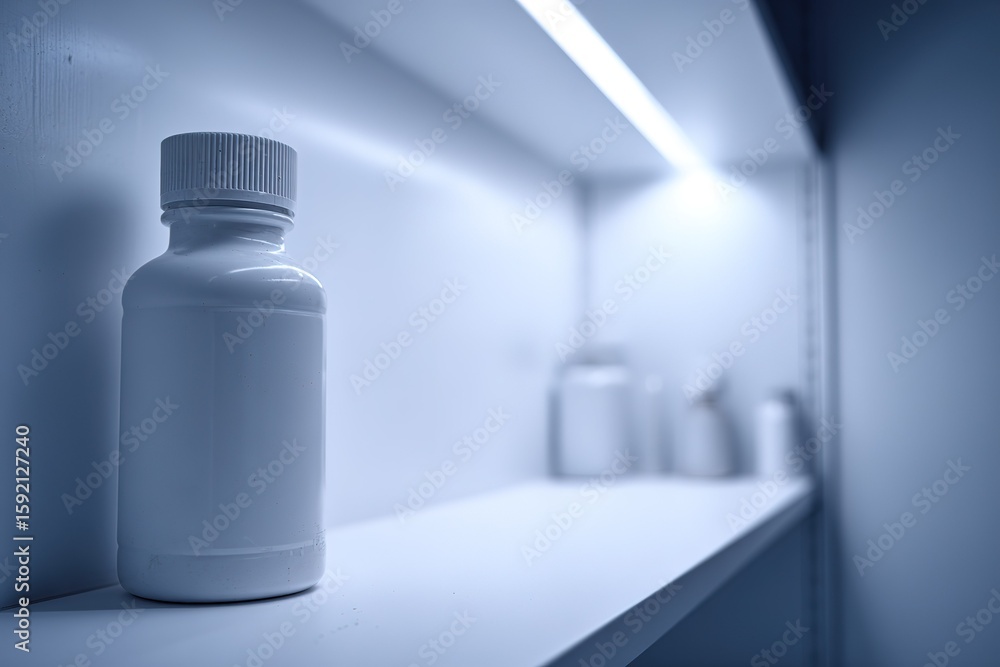 Poster white bottle on a shelf in a softly illuminated room with a minimalist aesthetic during a quiet even