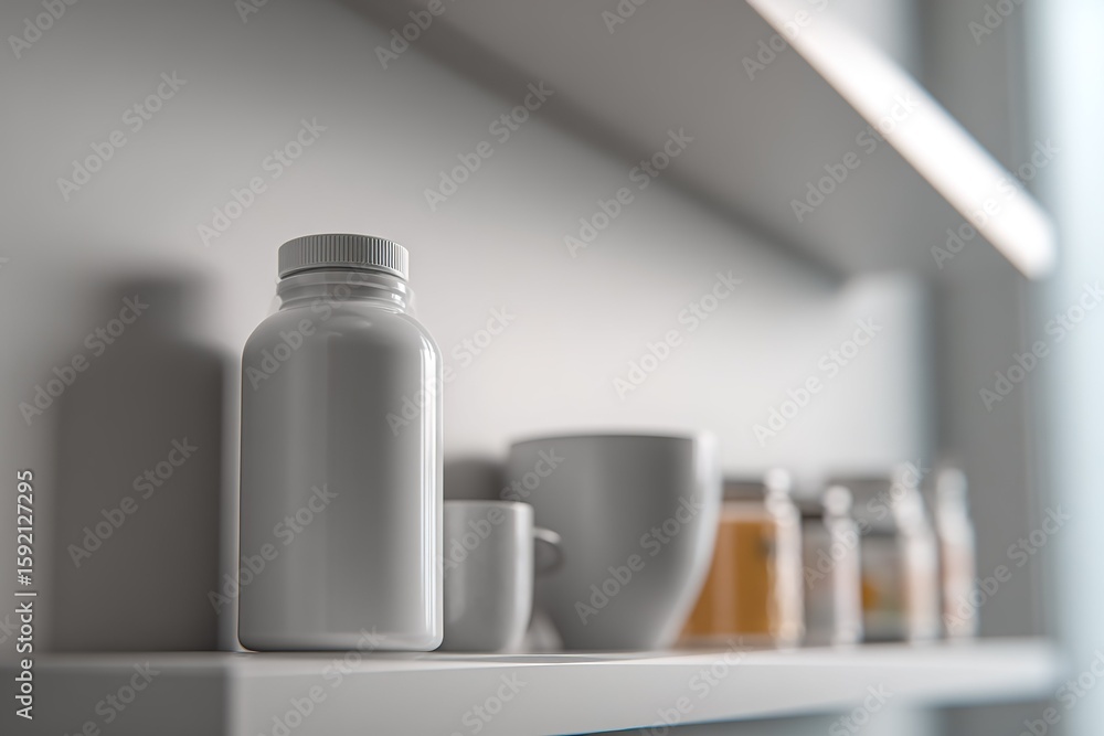 Poster minimalist shelf displaying various white storage containers and mugs in a modern kitchen setting wi