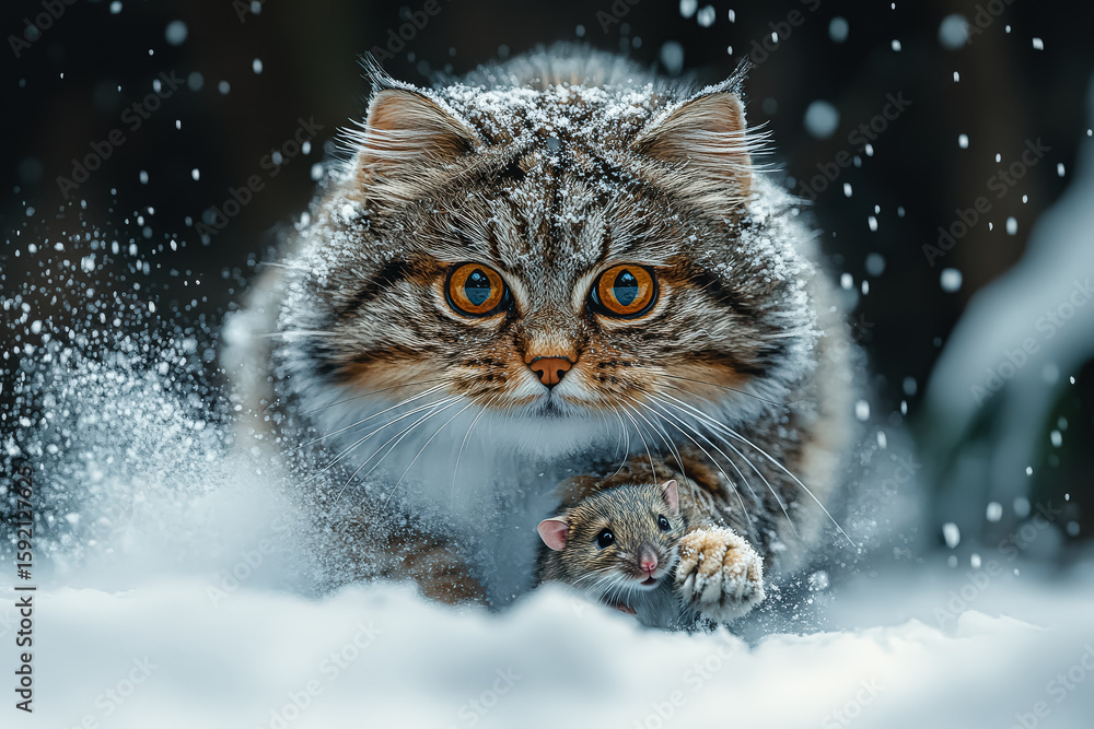 Aufkleber cat is playing with a mouse in the snow. the cat is big and the mouse is small