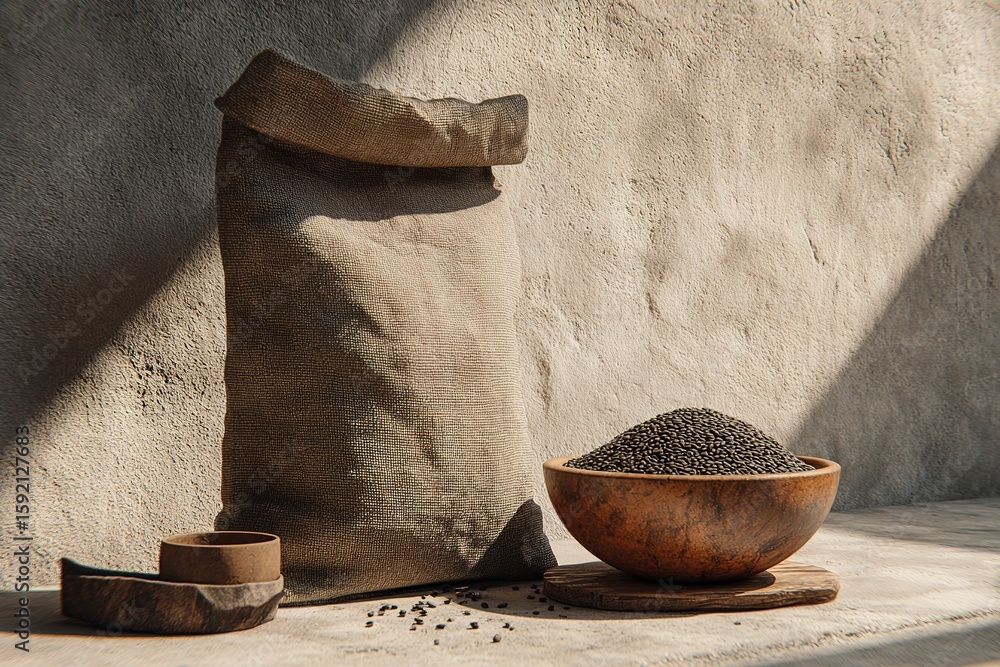 Poster dark seeds in a rustic setting with burlap sack and wooden bowl on a stone surface
